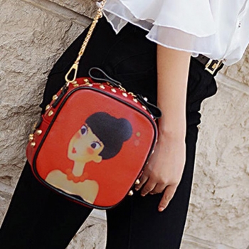 

New Fashion Women Synthetic Leather Rivet Decorated Character Pattern Shoulder Bag Messenger Bag Clutch Bag, Red