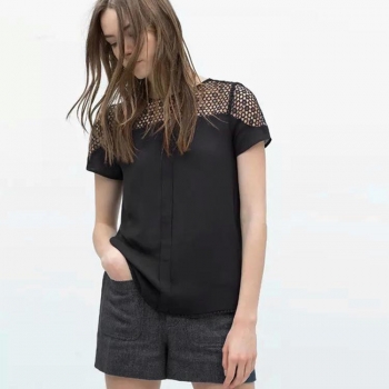 

Black Fashion Women Lace Chiffon Splice Casual Blouse Loose O-Neck Short Sleeve Tank Tops T-Shirts, Multicolor