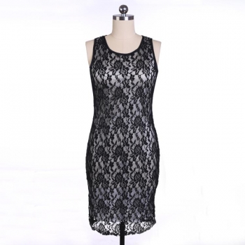 

Black Women Fashion European and American Style Sexy Slim Round Neck Sleeveless Floral Lace Solid Pencil Party Dresses, Multicolor