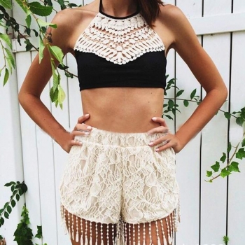 

Black Women Fashion Sexy Halter Sleeveless Backless Back Cross Strap Crochet Lace Patchwork Hollow Vests Crop Tops, Multicolor