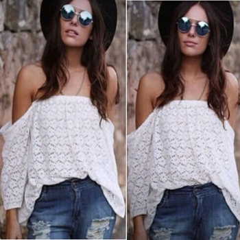 

White Stylish Women's Fashion Sexy Off-shoulder Backless Boat Neck Lace Long Sleeve Blouse Tank Vests Casual Tops, Multicolor
