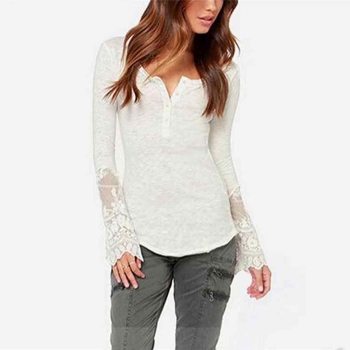 

White Fashion Ladies Women Sexy Long Sleeve Lace Patchwork Casual Basic Slim & Blouses Tank Tops T-Shirts, Multicolor