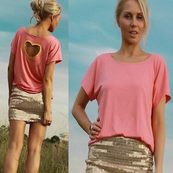 

Pink Stylish Lady Women Casual Round Neck Heart Shape Hollow Back Short Sleeve Tank Tops T-Shirts, Multicolor