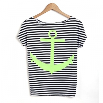 

Green Fashion Ladies Women Short Sleeve Print Striped Loose Casual & Blouses T-Shirts, Multicolor