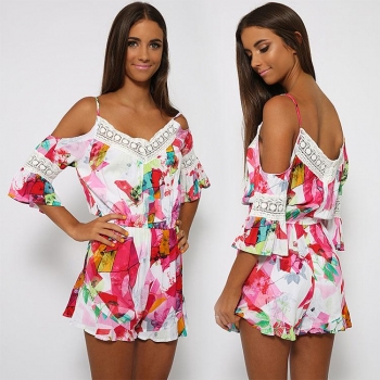 

Red&White Sexy Ladies Women V Neck Off the Shoulder Spaghetti Strap Elastic Waist Casual Short Chiffon Dresses Jumpsuits & Rompers, Multicolor