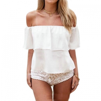 

Beige New Lady Women's Fashion Short Sleeve Slash Neck Sexy Off the Shoulder Chiffon Ruffles Blouse Tank Tops T-Shirts, Multicolor