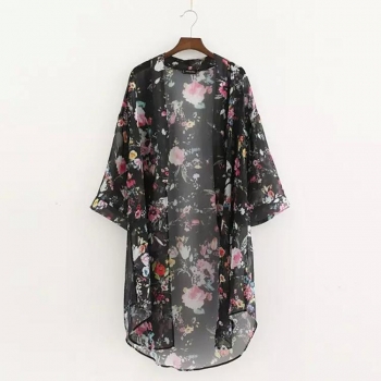 

Black 3"4 Sleeve Front Open Neck Floral Asymmetric Hem Loose Chiffon Kimono, Multicolor