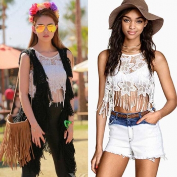 

White Ladies Women Sexy Hollow Out Lace Sleeveless Fringe Hem Crop Tops Vests Tanks & Camis, Multicolor