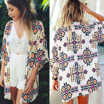 

Sexy Fashion Women's 3"4 Sleeve Geometric Print Chiffon Cardigan Beach Loose-fitting Blouse Top Cover up, Multicolor