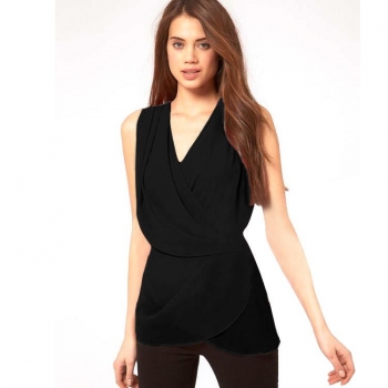 

Black New Lady Women's V-Neck Sleeveless Sexy Irregular Chiffon Solid Layered Blouse Tops Tanks & Camis, Multicolor
