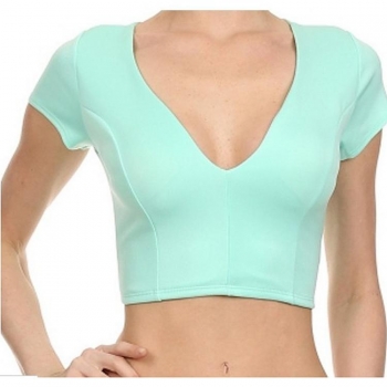 

Green Stylish Sexy Ladies Women V-Neck Short Sleeve Pure Color Slim Casual Club Tank Crop Tops, Multicolor