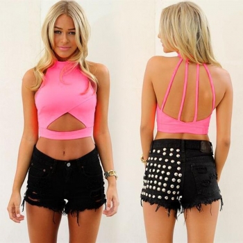 

Red New Stylish Lady Women Fashion Sleeveless Hollow Out Crew Neck Sexy Slim Tank Vests Crop Tops, Multicolor