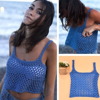 

Blue Stylish Lady Women's Fashion Sexy Strap Hollow Out Knit Crochet Beach Crop Top Vests Tanks & Camis, Multicolor