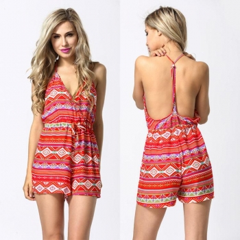 

Red New Lady Women's Sexy Geometric Print V-Neck Strap Backless High Waist Drawstring Jumpsuits & Rompers, Multicolor