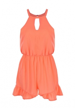 

Orange Halter Sleeveless High Elastic Waist Ruffle Hem Solid Rompers, Multicolor