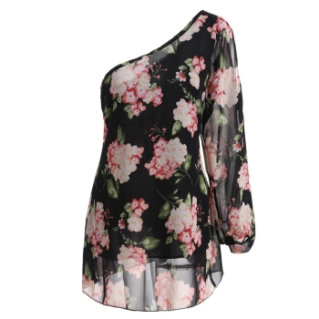 

Black Stylish Ladies Women Retro One Shoulder Long Sleeve Floral Mini Casual Dresses, Multicolor