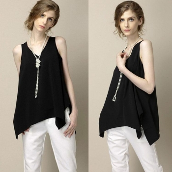 

Black Stylish Lady Women's Fashion Irregular Hem V-neck Sleeveless Loose Long Chiffon Shirt Tops Vests Tanks & Camis, Multicolor