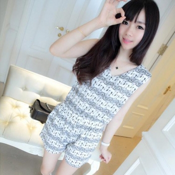 

White Women Fashion Casual V Neck Sleeveless Elastic Waist Print Short Playsuit Jumpsuits & Rompers, Multicolor