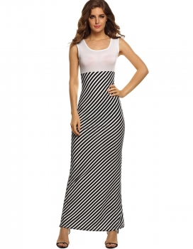 

White Stylish Lady Women Fashion Sleeveless Sexy High Waist Stripe Party Full Vests Casual Dresses, Multicolor