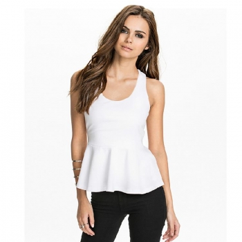 

White Stylish Lady Women's New Fashion Slim Sleeveless O-neck Cross Backless Flounced Hem Top Vests Tanks & Camis, Multicolor