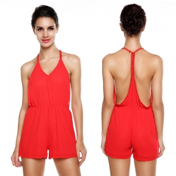 

Red New Women Fashion Sleeveless Off the Shoulder V-Neck Sexy Chiffon Backless Slim Mini Casual Dresses Jumpsuits & Rompers, Multicolor