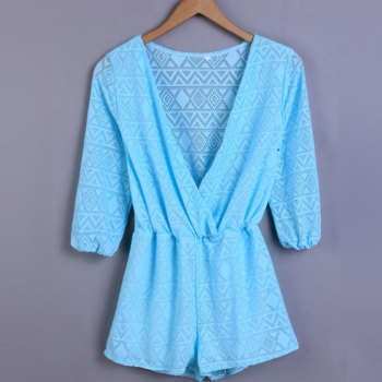 

Blue New Sexy Women's Half Sleeve Deep V-Neck Hollow Out Short Dresses Jumpsuits & Rompers, Multicolor