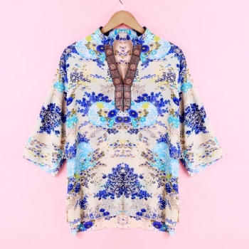 

New Fashion Women Retro Style V Neck Casual Summer Print Chiffon Shirt