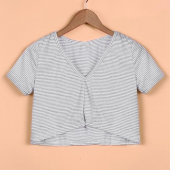 

White Summer Fashion Ladies Women Short Sleeve Striped Tank Crop Tops, Multicolor