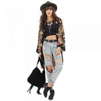 

Stylish Ladies Women Casual Long Bat Sleeve Loose Print Long Chiffon Cardigan Blouse, Multicolor