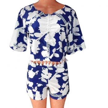 

Blue Stylish Ladies Women Two Pieces Sexy Backless Crop tops And Shorts Set Jumpsuits & Rompers, Multicolor