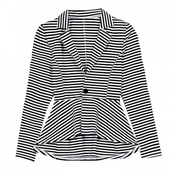 

Fashion Lady Women Lapel Long Sleeve Front Button Asymmetric Hem Striped Slim Jacket Blazer, Multicolor