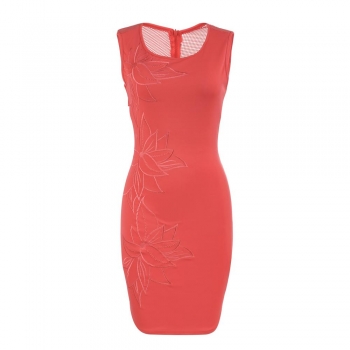 

Orange&Red Ladies Women Sexy Sleeveless Mesh Patchwork Floral Embroidery Package Hip Party Pencil Going Out Dresses, Multicolor