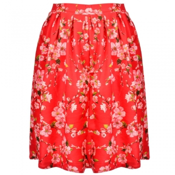 

Red Women's Fashion Casual Floral Print Knee-length Pleated Skirts, Multicolor