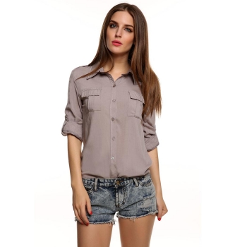 

Army green Stylish Ladies Women Casual Long Sleeve Lapel Pocket Button Solid Tank Tops Skirts Shirts & Blouses, Multicolor