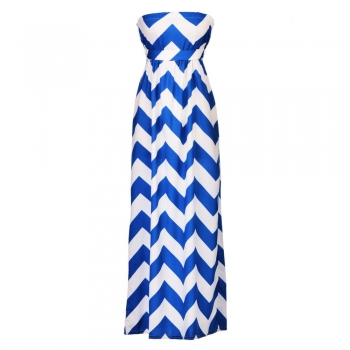 

Blue&White Stylish Ladies Women Strapless Wave Striped Sexy High Waist Party Full Evening Casual Dresses, Multicolor