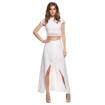 

White New Women Fashion Short Sleeve Sexy Slim Lace Embroidery Beach Maxi Two Piece Set Dress Jumpsuits & Rompers, Multicolor