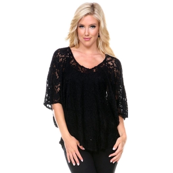 

Black Fashion Ladies Women Sexy V-Neck Batwing Sleeve Lace Floral Hollow Out Loose Blouse Tank Casual Tops, Multicolor