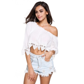 

White Fashion Ladies Women Sexy Asymmetric Collar 3"4 Sleeve Lace Decor One Shoulder Loose Blouse Tank Casual Crop Tops, Multicolor