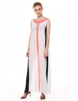 

Orange& Gray Summer Beach Women O-Neck Sleeveless Loose Patchwork Maxi Casual Dresses, Multicolor