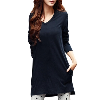 

Navy blue Stylish Ladies Women V-Neck Long Sleeve Solid Irregular Casual Split Hem T-Shirt Tank Tops Shirts & Blouses Tunics, Multicolor