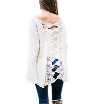 

White Stylish Ladies Women Sexy Lady Long Flare Sleeve Back Lace Hollow Out Shirts & Blouses Tank Casual Tops, Multicolor