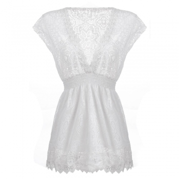 

Fashion Women Sexy V-Neck Short Sleeve Floral Hollow Out Elastic Waist Slim Casual Beach Pleated Dress