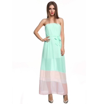 

Green Fashion Women Ladies Sexy Strapless Patchwork Casual Beach Slim Maxi Long Chiffon with Belt Going Out Dresses, Multicolor