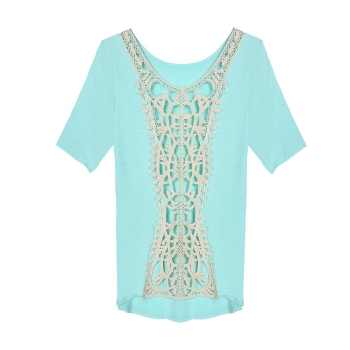

Green Women Fashion Sexy Casual Loose Short Sleeve Backless Irregular Hem Hollow Lace Patchwork Stretch Tank Tops T-Shirts, Multicolor