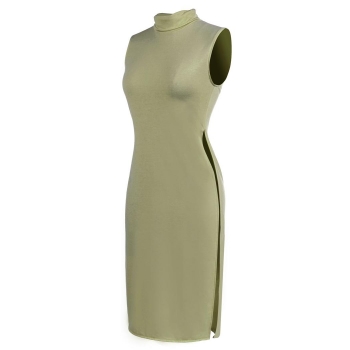 

Army green Stylish Ladies Women Sexy Polo Neck Sleeveless High Split Casual Dresses, Multicolor