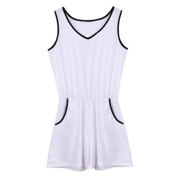

White V Neck Sleeveless Bodycon Front Pocket Romper, Multicolor