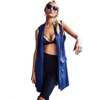 

Dark blue Stylish Ladies Women Casual Sleeveless Cardigan Solid Long Vest Pockets Waistcoat Outwear Blue Coats Jackets Suits & Blazers, Multicolor