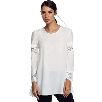 

White Stylish Ladies Women Casual Loose Long Lace Sleeve Chiffon Tank Tops Shirts & Blouses, Multicolor