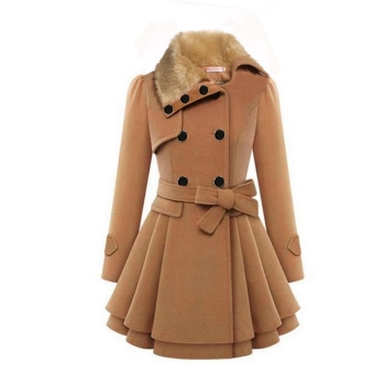 

Camel Long Sleeve Faux Fur Lapel Double-Breasted Thick Wool Outwear, Multicolor