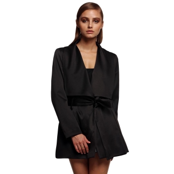 

Black Fashion Korean Style Ladies Women Career Long Sleeve Lapel With Belt Coats & Jackets, Multicolor